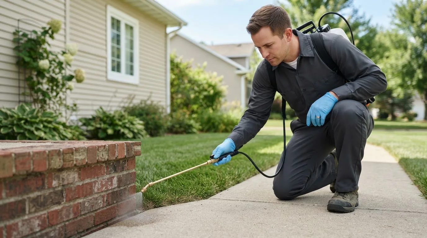 Pest control technician treating a home near Dunkirk, NY